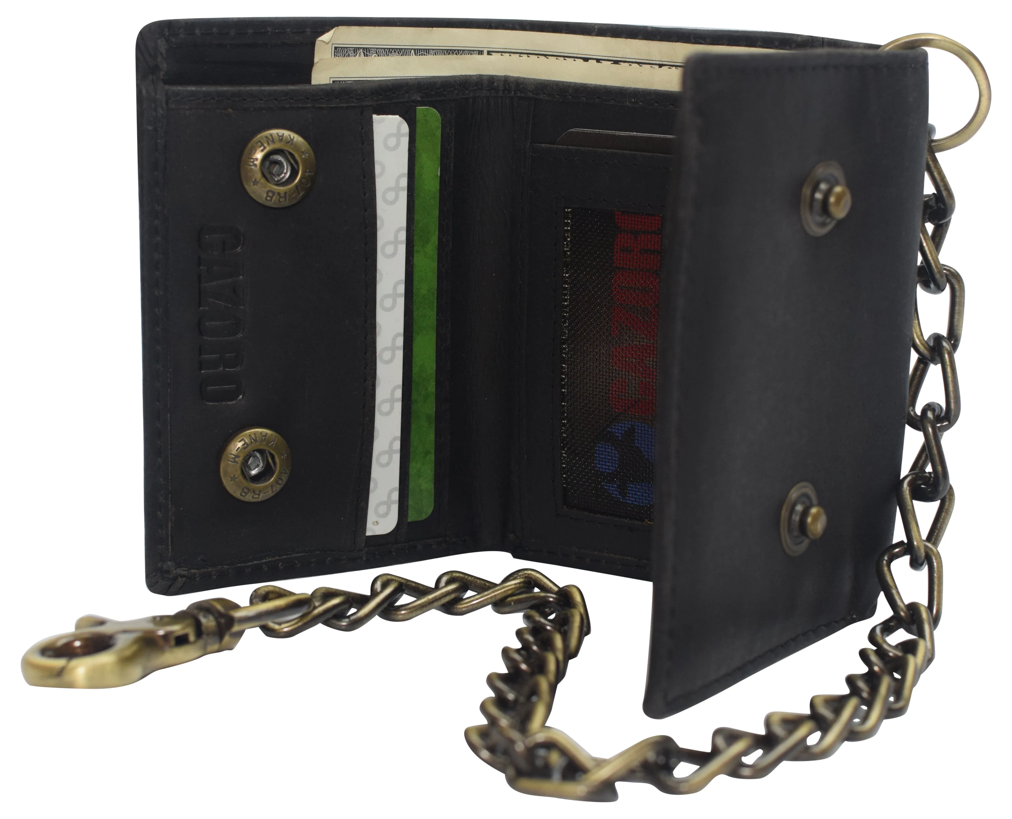 RFID0946HTC Men's RFID Blocking Trifold Vintage Leather Biker Chain Wallet With Snap Closure