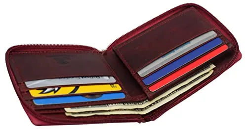 RFID621256HU RFID Men's Leather Zipper wallet Zip Around Wallet Bifold Multi Card Holder Purse