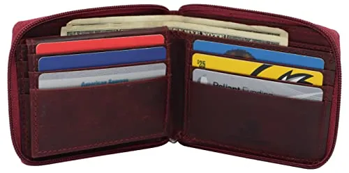 RFID621256HU RFID Men's Leather Zipper wallet Zip Around Wallet Bifold Multi Card Holder Purse