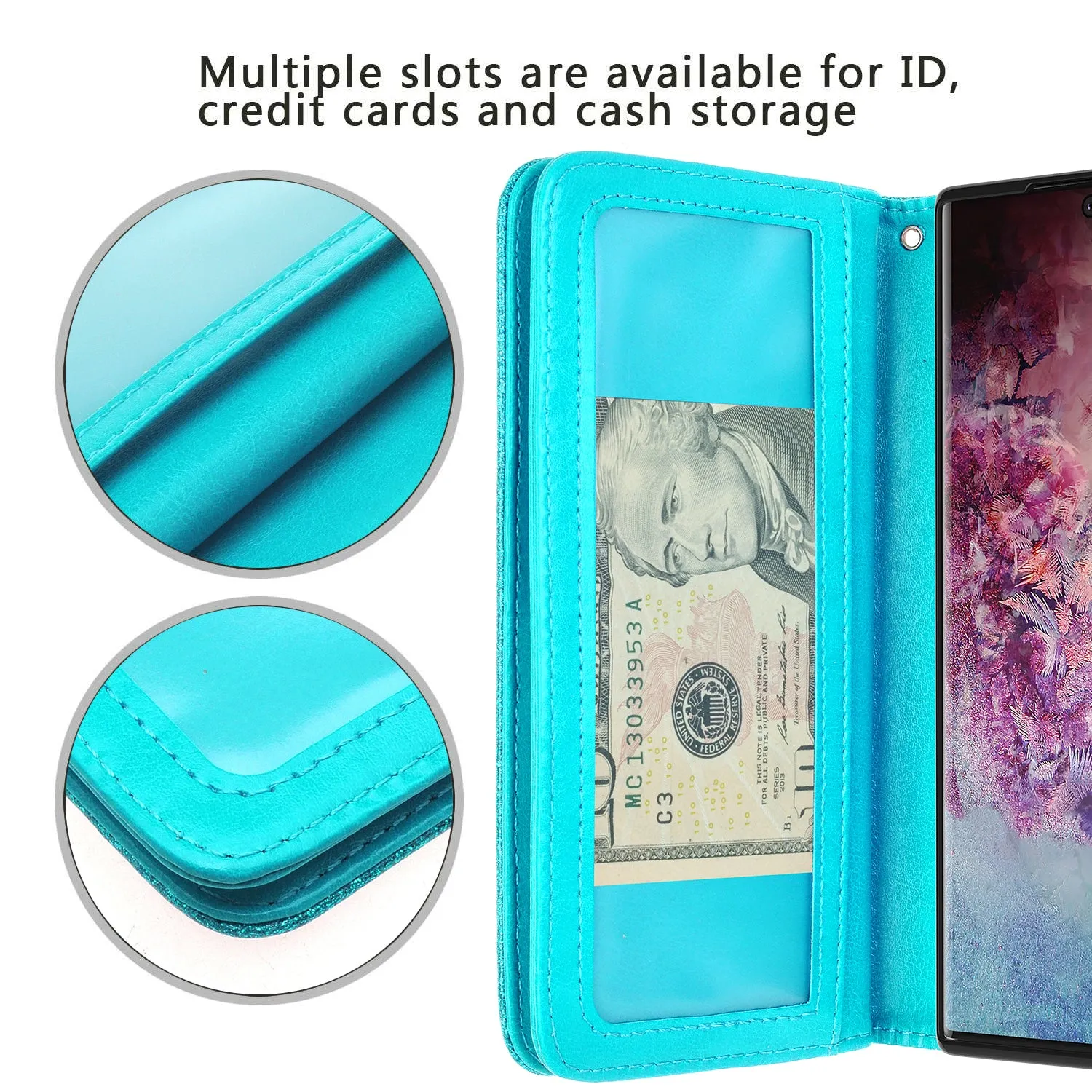 Samsung Galaxy A32 5G Case, Galaxy A32 5G Case, Glitter Faux Leather Flip Credit Card Holder Wrist Strap Shockproof Protective Wallet Case Clutch for Galaxy A32 5G - Teal