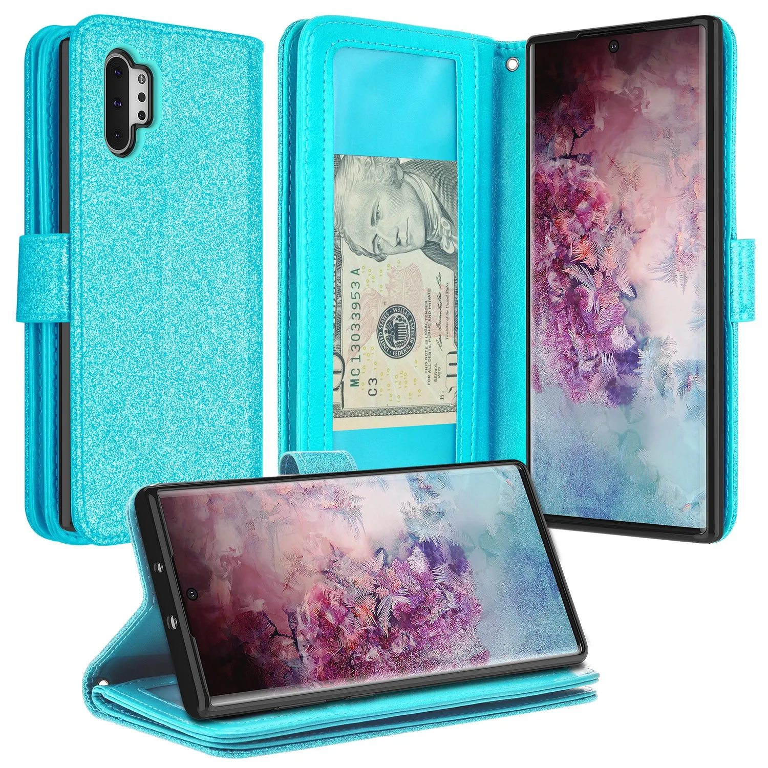 Samsung Galaxy A32 5G Case, Galaxy A32 5G Case, Glitter Faux Leather Flip Credit Card Holder Wrist Strap Shockproof Protective Wallet Case Clutch for Galaxy A32 5G - Teal