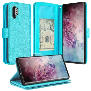 Samsung Galaxy A32 5G Case, Galaxy A32 5G Case, Glitter Faux Leather Flip Credit Card Holder Wrist Strap Shockproof Protective Wallet Case Clutch for Galaxy A32 5G - Teal