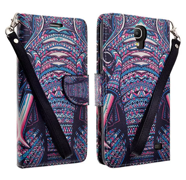 Samsung Galaxy Mega 2 Case, Wrist Strap Magnetic Fold[Kickstand] Pu Leather Wallet Case with ID & Credit Card Slots for Samsung Galaxy Mega2 - Tribal Elephant