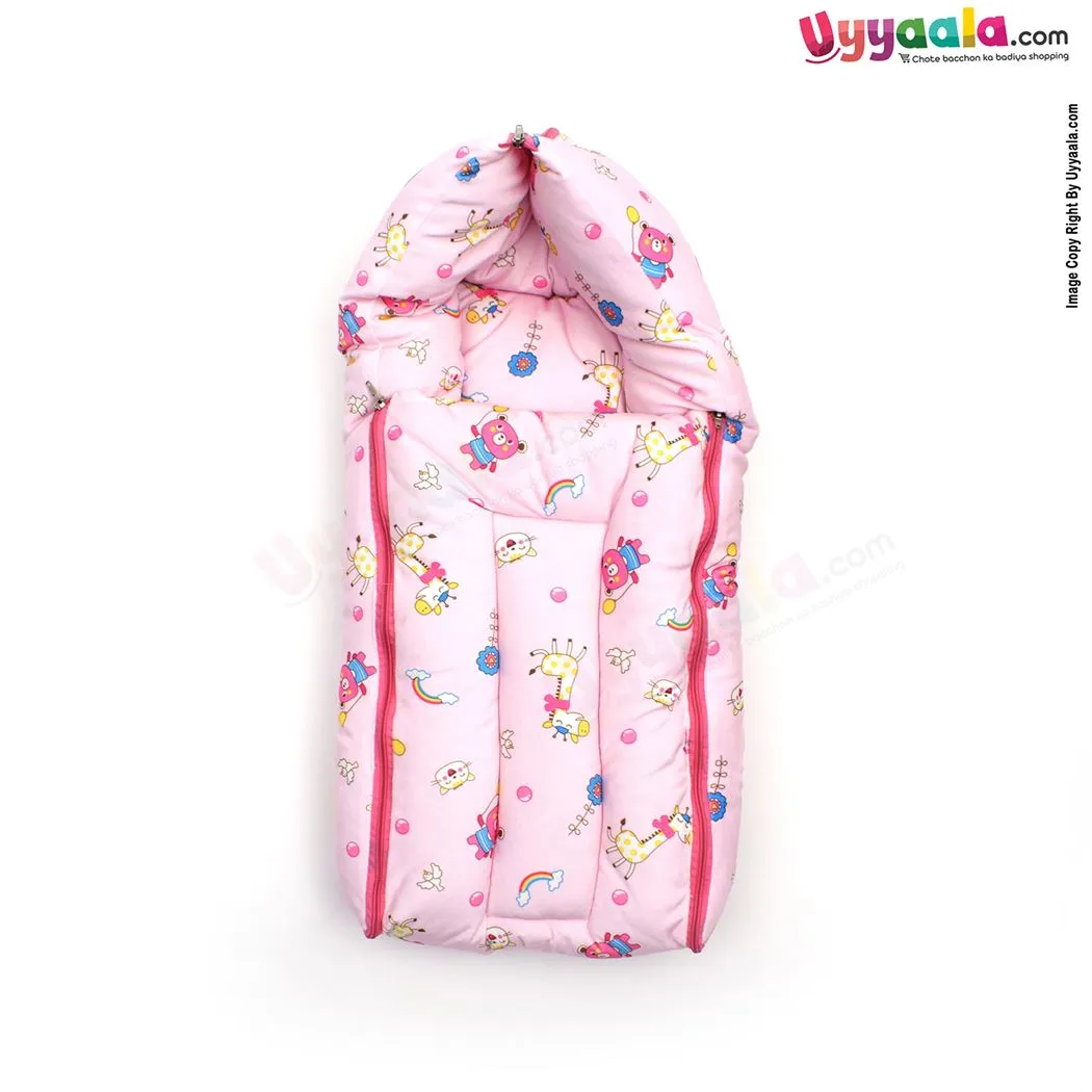 Sleeping Bag(Carry Nest) Premium Velvet, Bear & Giraffe Print Light 0-3m Age, Pink