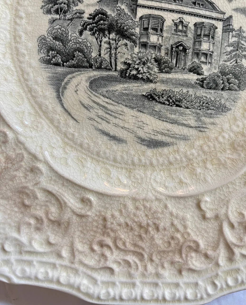 Square Black Transferware  Charles Dickens Home Plate Scrolled Relief Border