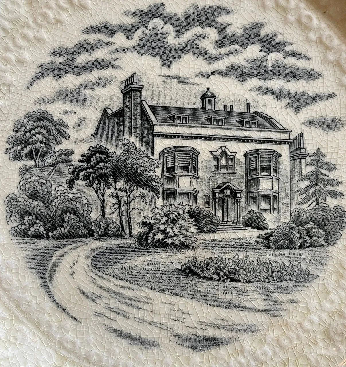 Square Black Transferware  Charles Dickens Home Plate Scrolled Relief Border