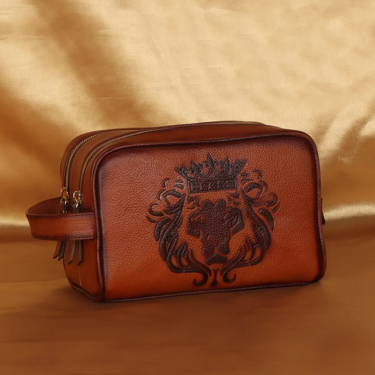 Tan Leather Embossed Lion Travel & Short Travel Toiletry / Slim Kit Bag for Cabin Luggage By Brune & Bareskin