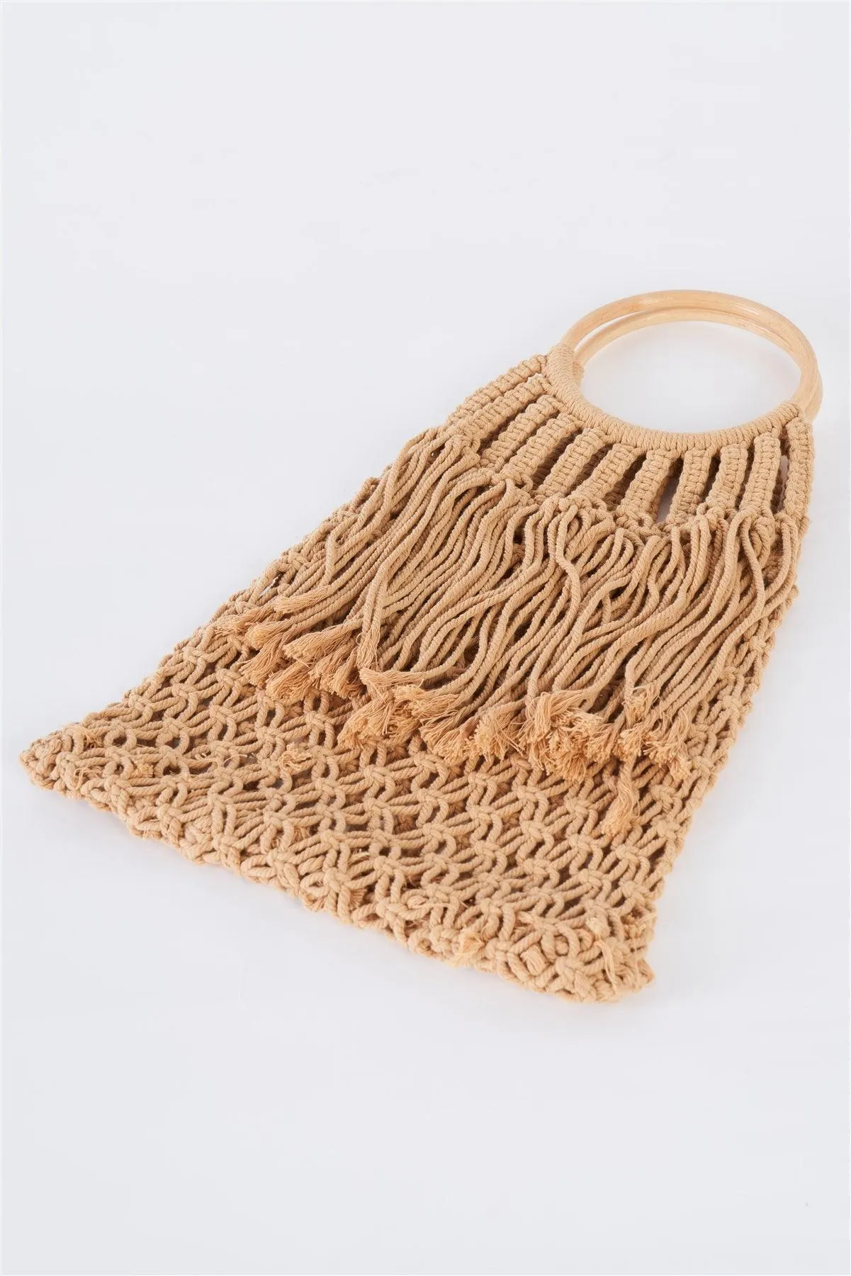 Taupe Net Front Cable Fringe Wooden Handle Bag /3 Bags