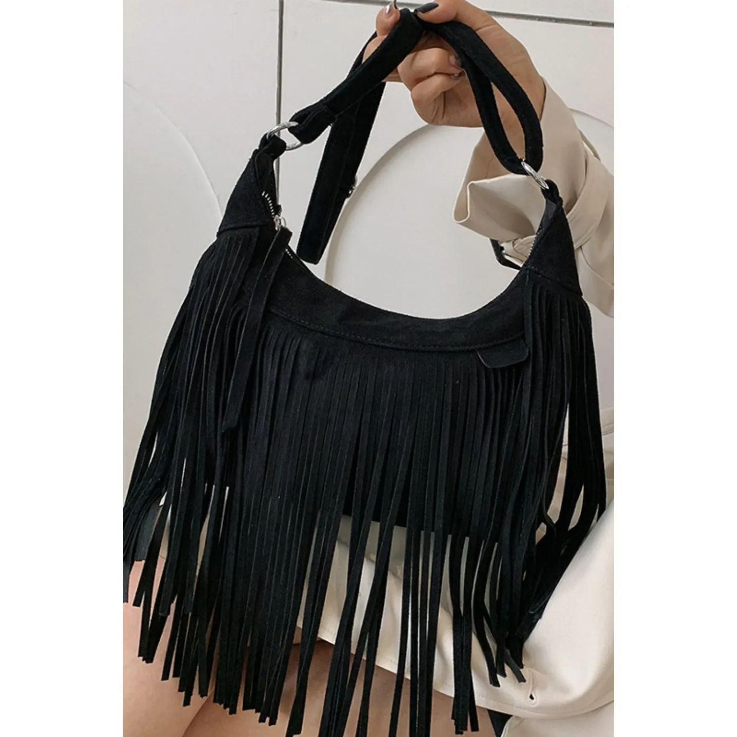 The Boho Vegan Suede Fringe Shoulder Bag