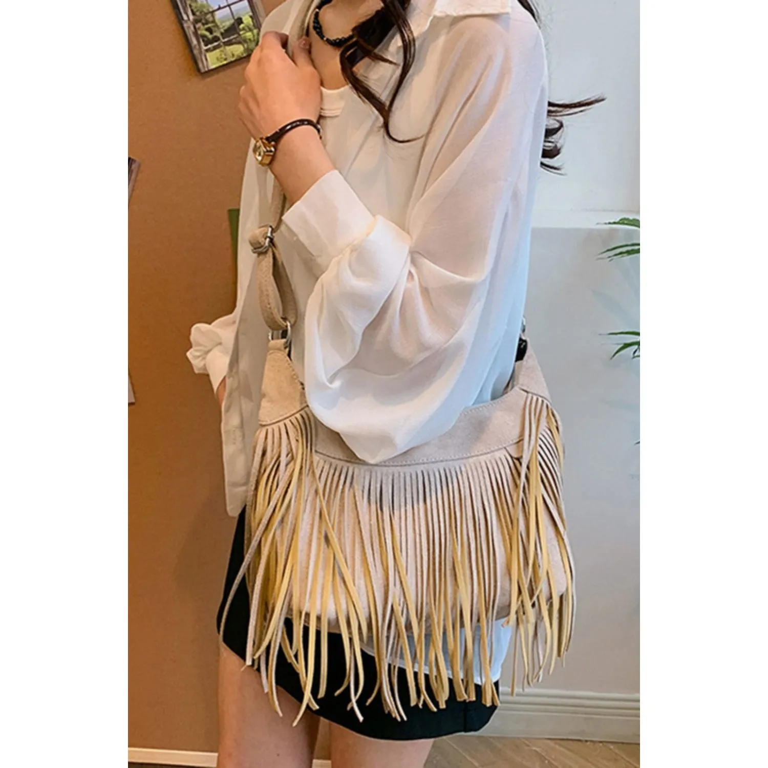 The Boho Vegan Suede Fringe Shoulder Bag