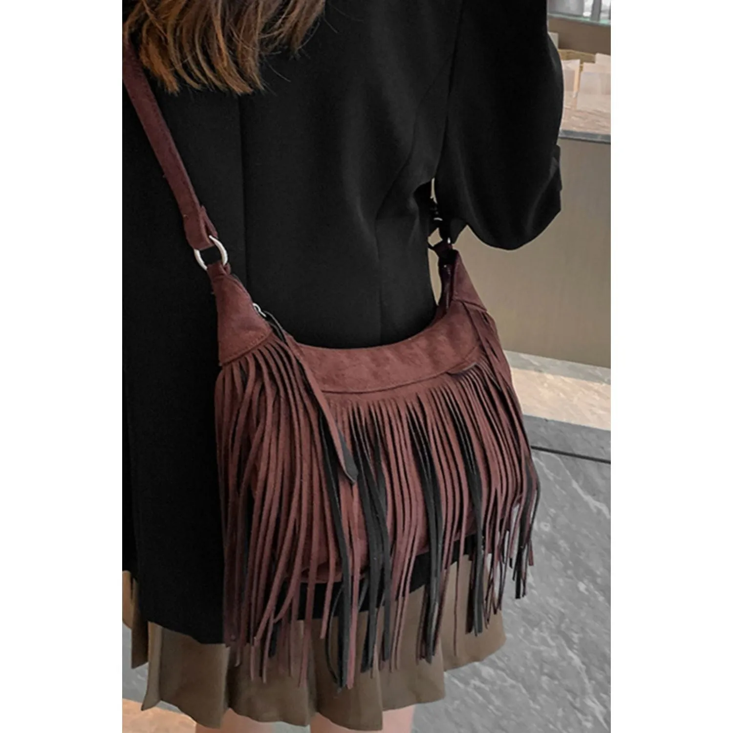 The Boho Vegan Suede Fringe Shoulder Bag