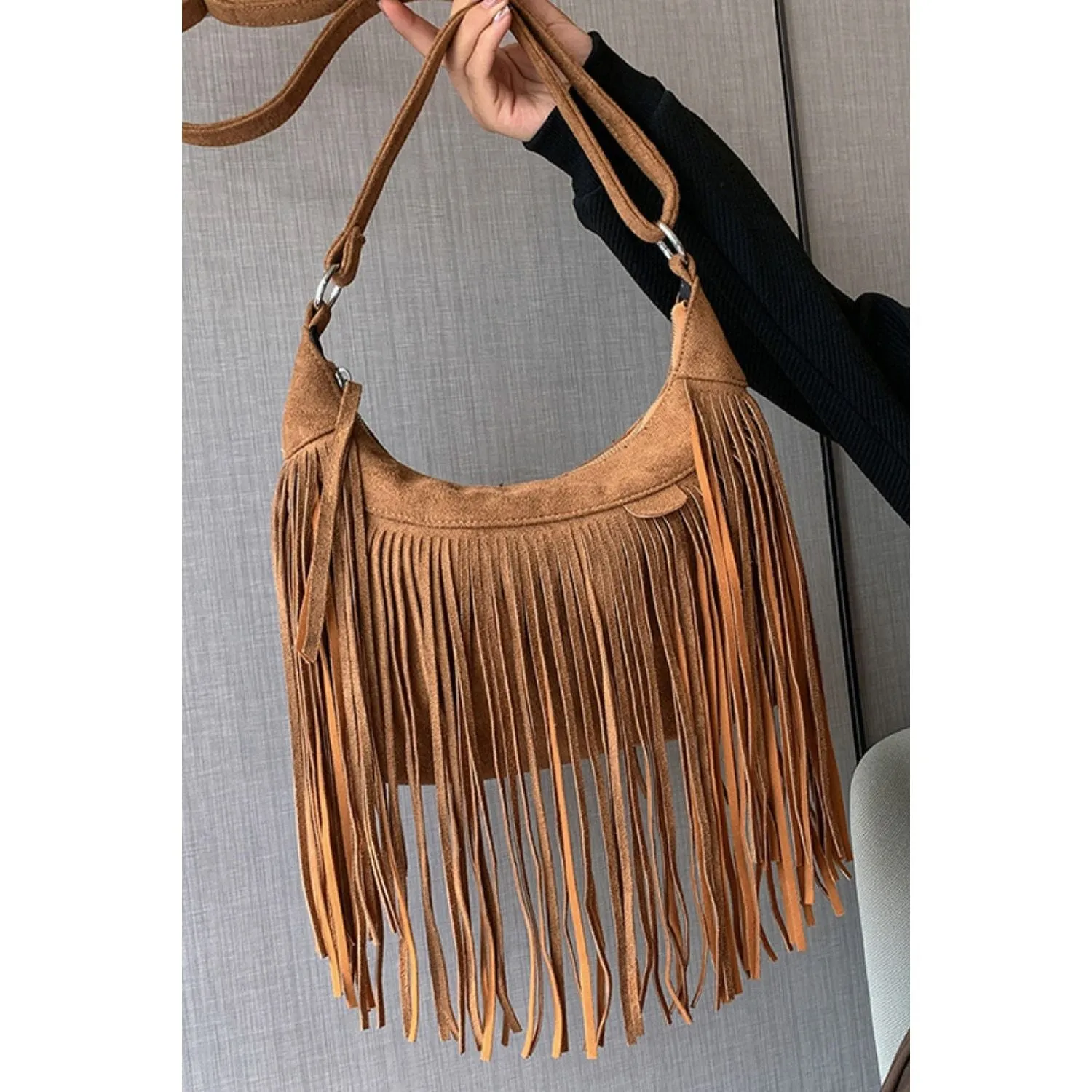 The Boho Vegan Suede Fringe Shoulder Bag