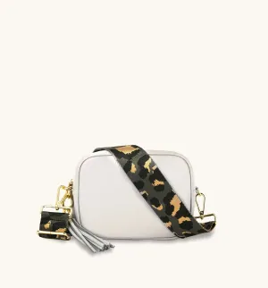 The Tassel Light Grey Leather Crossbody Bag With Grey Leopard Strap