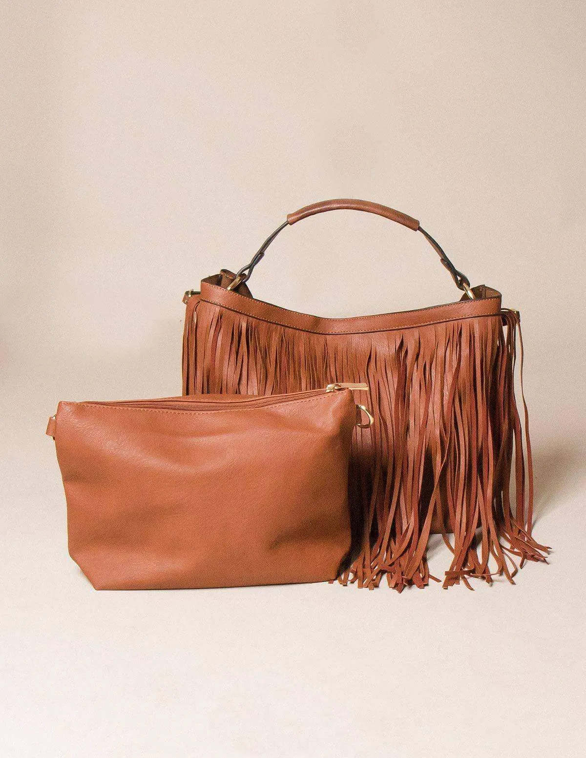 Vegan Leather 2-in-1 Fringe Tote - Brown