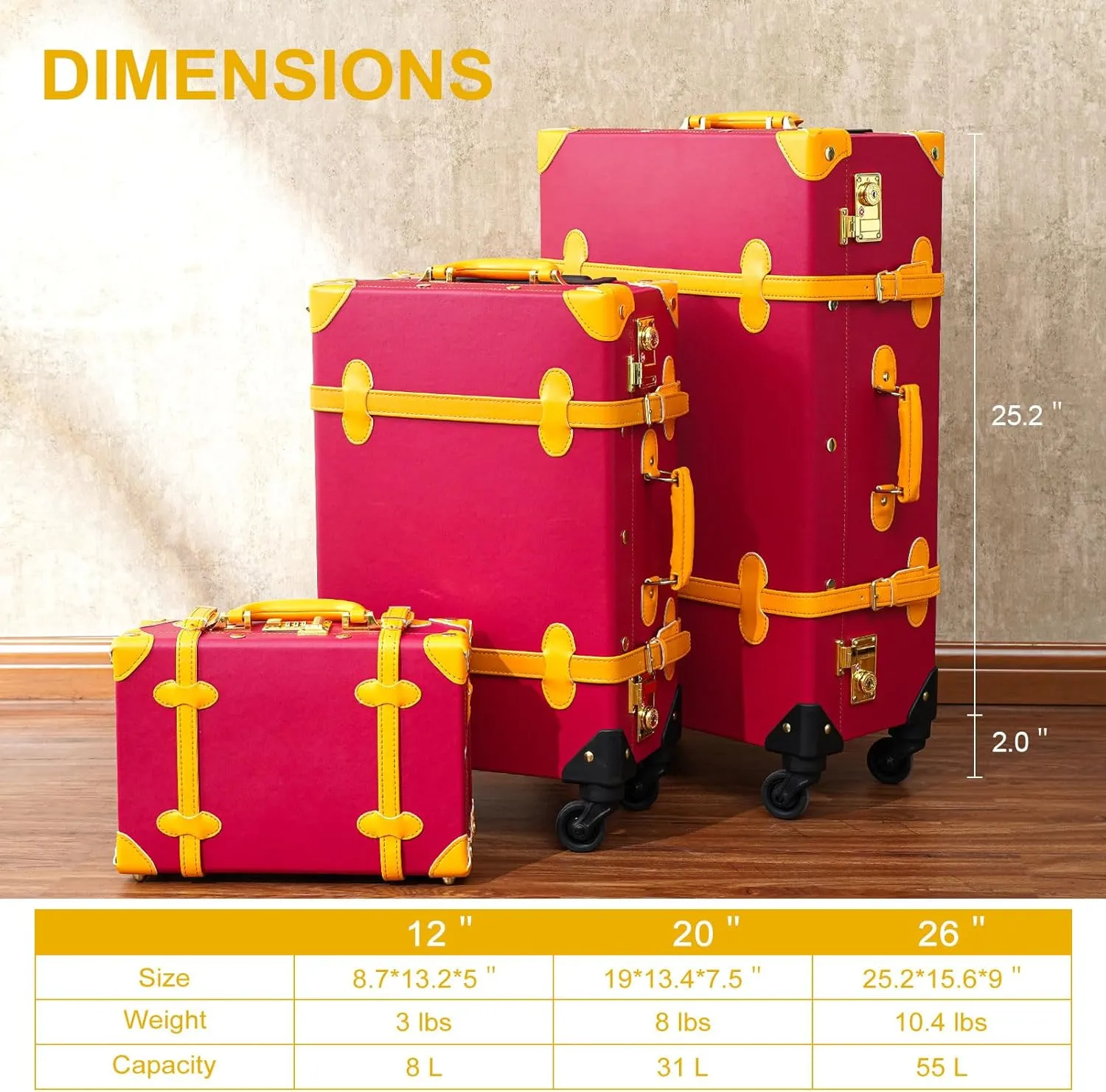 Vintage Style 2pc Pink Spinner Wheel Luggage Suitcase Set