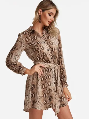 Wholesale Brown V-Neck Long Sleeve Snake Self-Tie Mini Dress