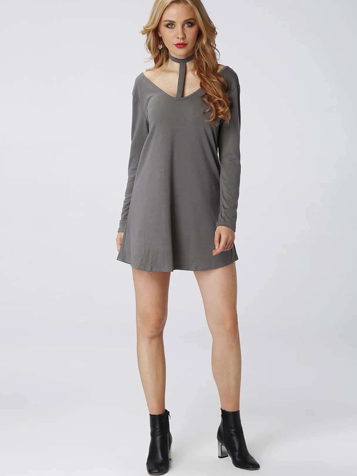 Wholesale Grey Long Sleeve Cut Out Mini Dress