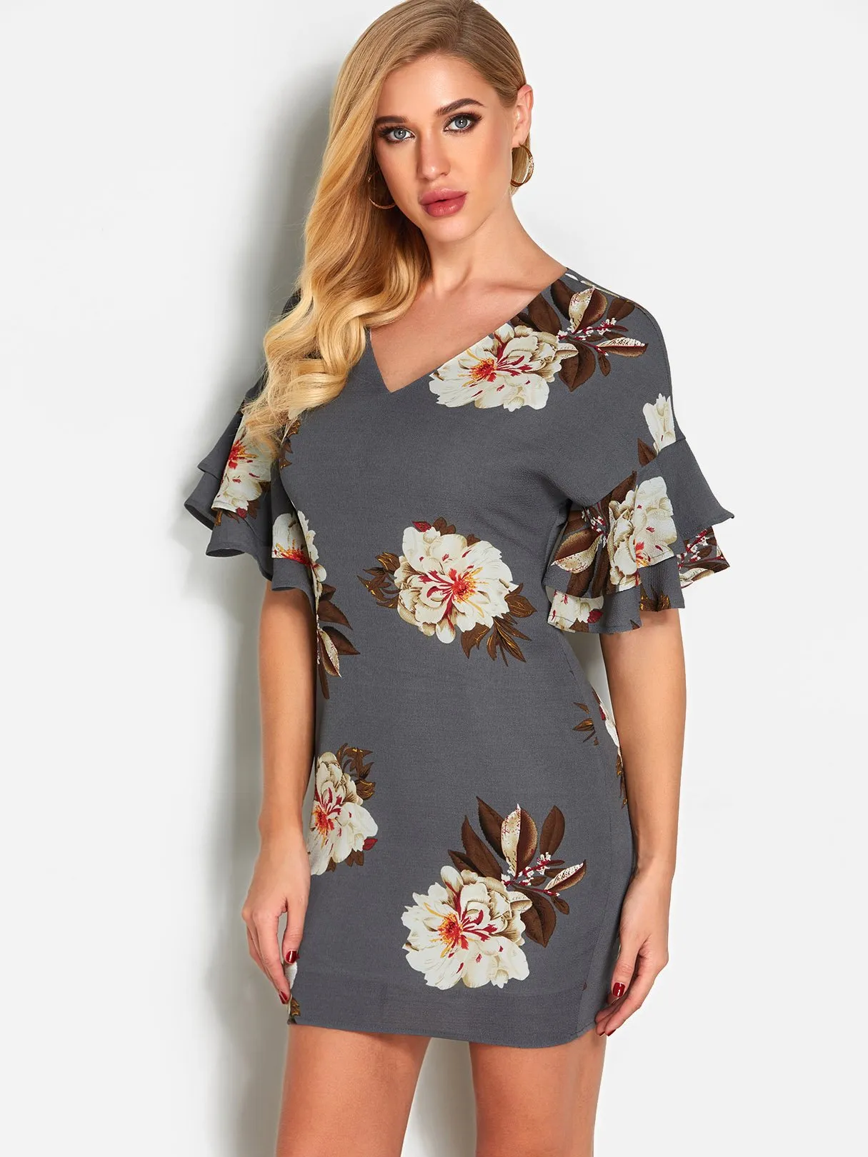 Wholesale Grey V-Neck Short Sleeve Floral Print Mini Dress