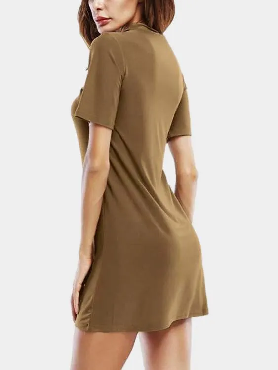 Wholesale Khaki Deep V Neck Short Sleeve Plain Lace-Up Mini Dress