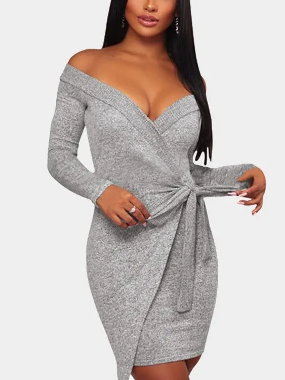 Wholesale Light Grey Off The Shoulder Long Sleeve Plain Irregular Hem Mini Dress