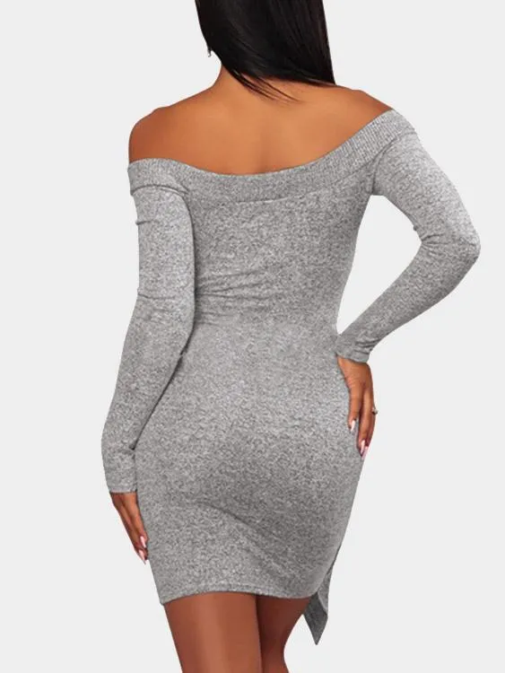 Wholesale Light Grey Off The Shoulder Long Sleeve Plain Irregular Hem Mini Dress