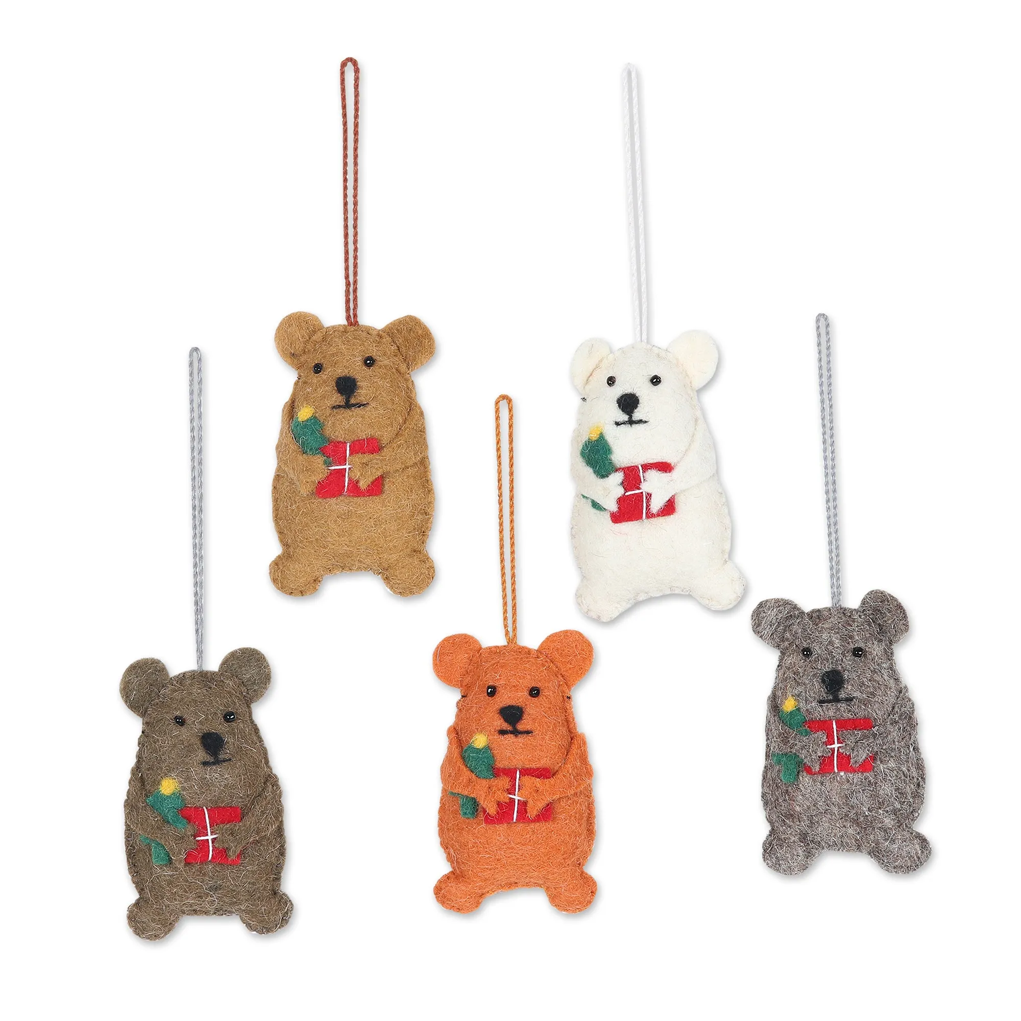 Wool Felt Bear Ornaments (Set of 5) - Bearing Gifts | NOVICA