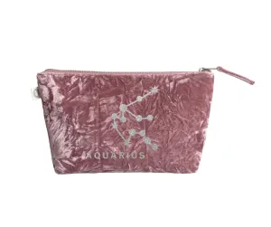 Zodiac Pink Crushed Velvet Large Makeup Bag - Aquarius