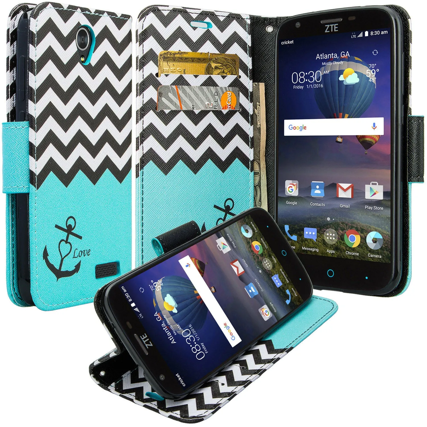 ZTE Grand X3, ZMAX Grand, ZMAX Champ, Warp 7, Avid 916 Case, Wrist Strap Magnetic Fold[Kickstand] Pu Leather Wallet Case Cover with ID & Credit Card Slots - Teal Anchor